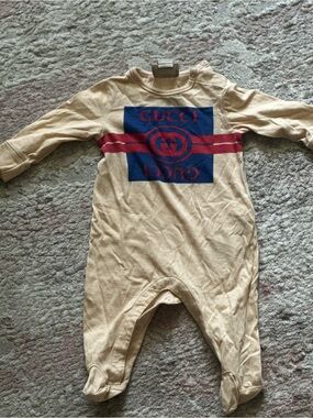 Gucci Beige Sweatshirt with Navy Square and Red Stripe Logo